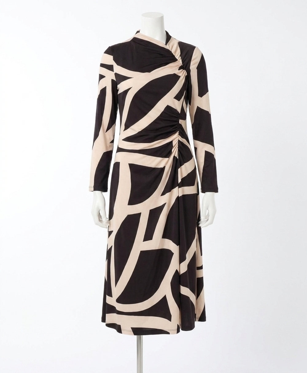NEW MAGGY LONDON printed asymmetric ruched dress in black/tan